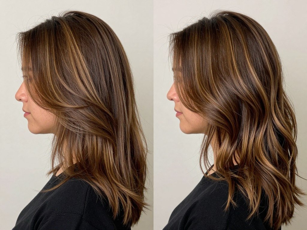 Side-by-side comparison of highlights brown hair balayage vs traditional highlights