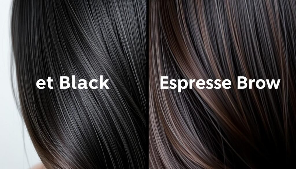 Side-by-side comparison of jet black and espresso brunette hair colors