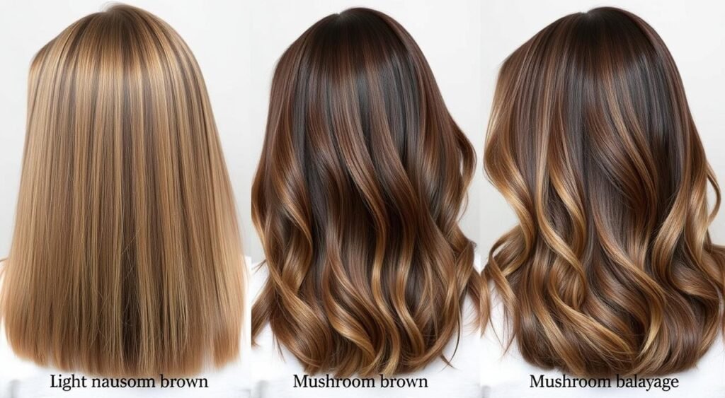 Side-by-side comparison of light mushroom brown, dark mushroom brown, and mushroom brown balayage