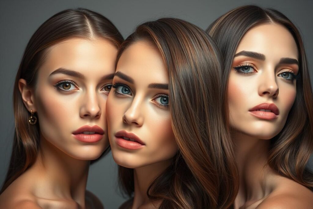 Side-by-side comparison of mushroom brown hair color on different skin tones and eye colors