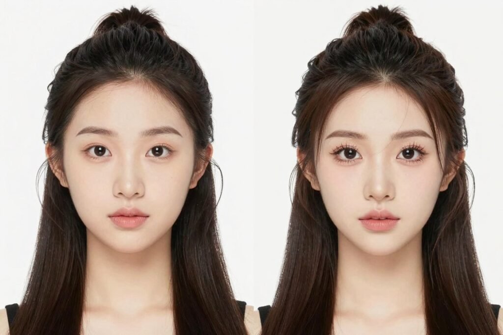 Side-by-side comparison of the same half up half down wig styled differently for various face shapes