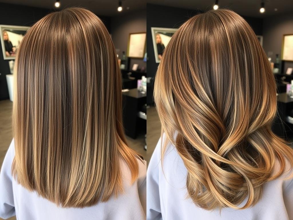 Side-by-side comparison of traditional highlights versus ombre hair color for brunettes