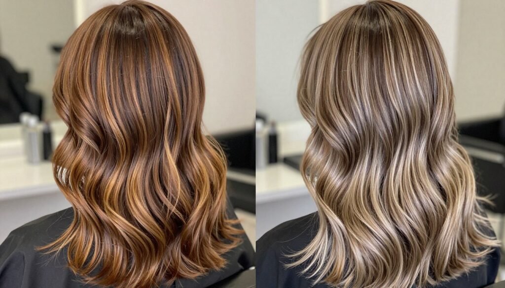 Side-by-side comparison of warm and cool-toned highlights on brown hair Side-by-side comparison of warm and cool-toned highlights on brown hair