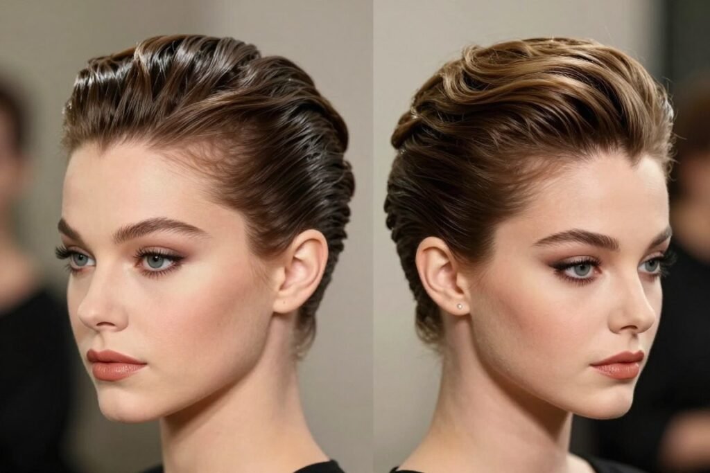 Side-parted variation of slick back half up half down hair Side-parted variation of slick back half up half down hair