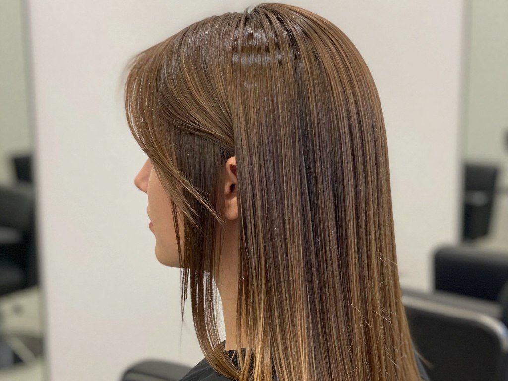 Side profile of half up half down slick back hairstyle showing the contrast between slicked top and loose bottom sections Side profile of half up half down slick back hairstyle showing the contrast between slicked top and loose bottom sections