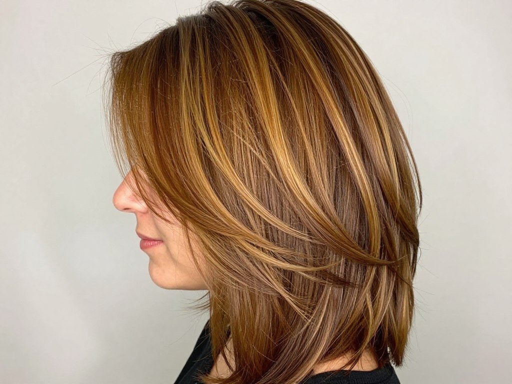 Side profile of honey brown hair with highlights showing the dimension and movement it creates