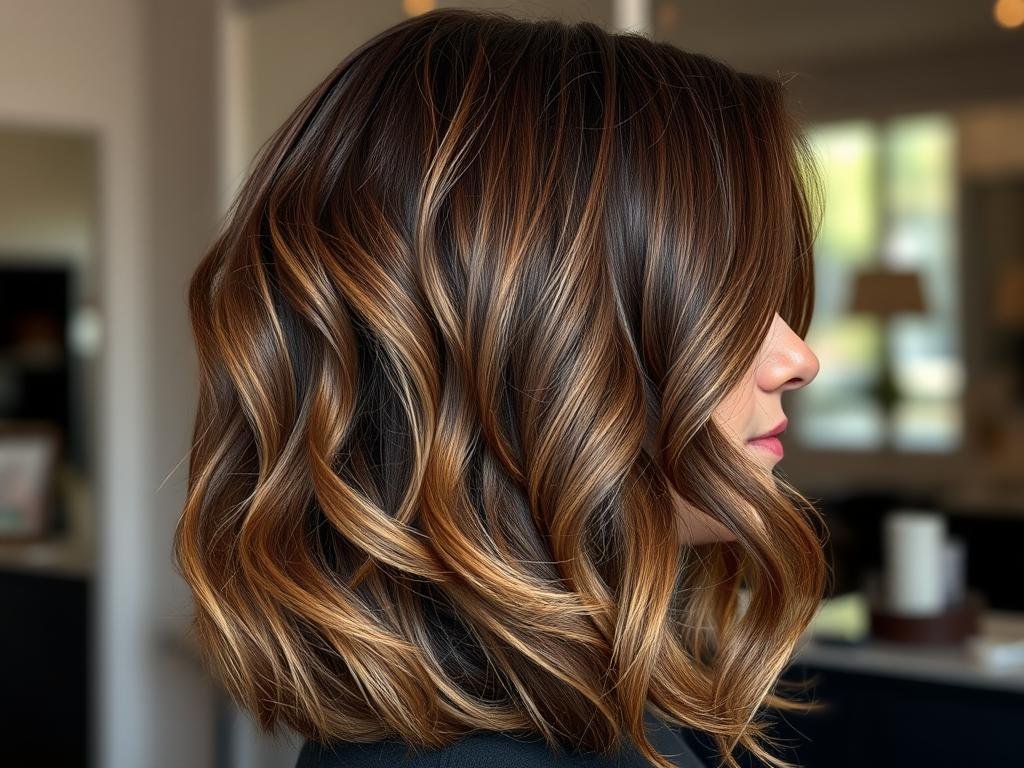 Side profile of woman with milk chocolate brown hair with subtle highlights Side profile of woman with milk chocolate brown hair with subtle highlights