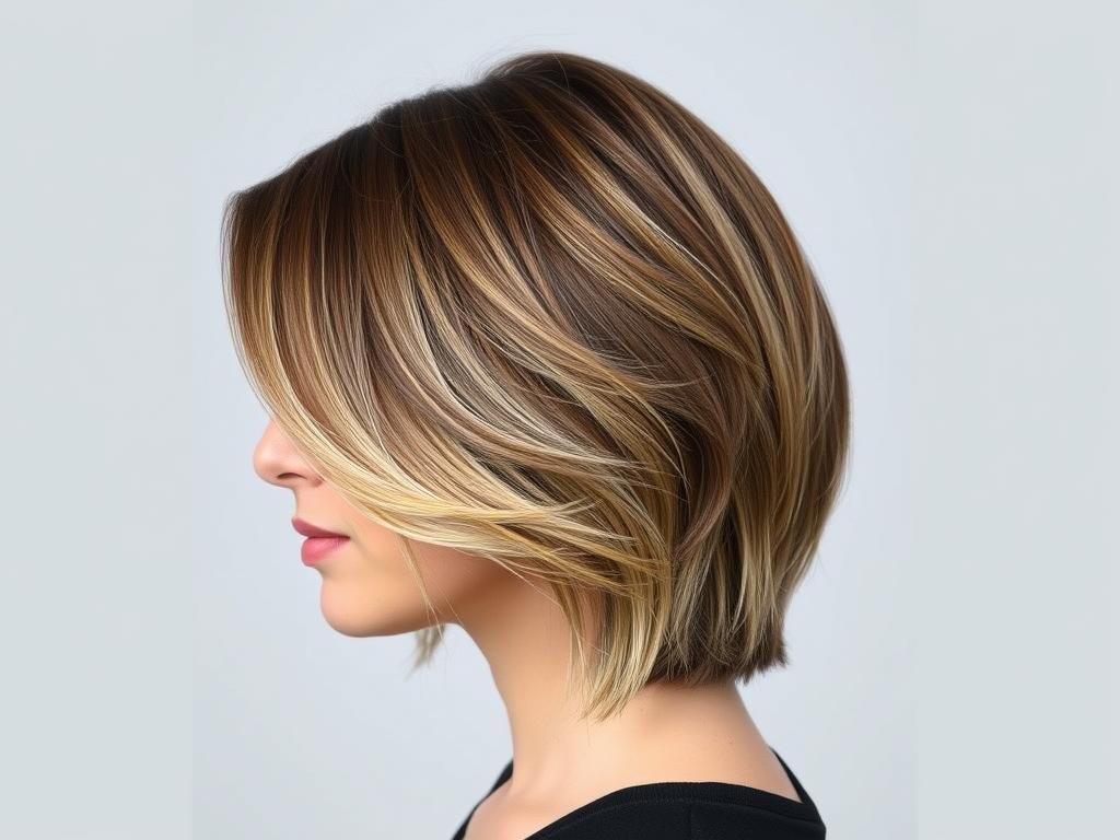 Side view of a medium length haircut with layers showing the dimension and texture Side view of a medium length haircut with layers showing the dimension and texture