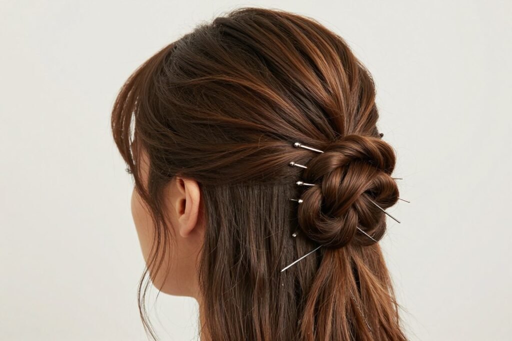 Side view of classic half up bun showing securing technique