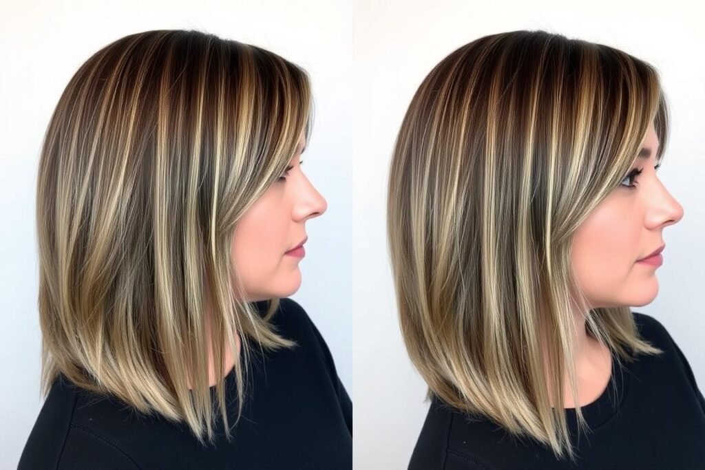 Side view of face-framing layers creating vertical lines on a round face