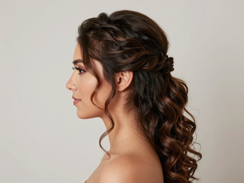 Side view of half up half down prom hair showing face-framing tendrils and volume