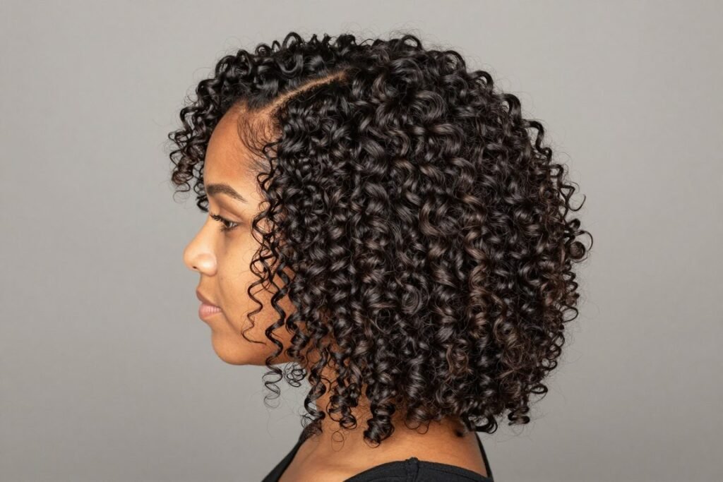 Side view of voluminous curly half up half down weave showing dimension Side view of voluminous curly half up half down weave showing dimension