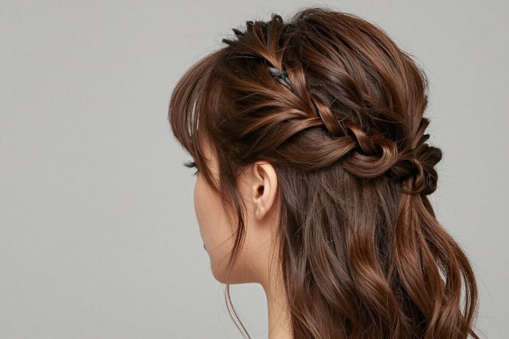 Side view of voluminous half up style showing teasing technique