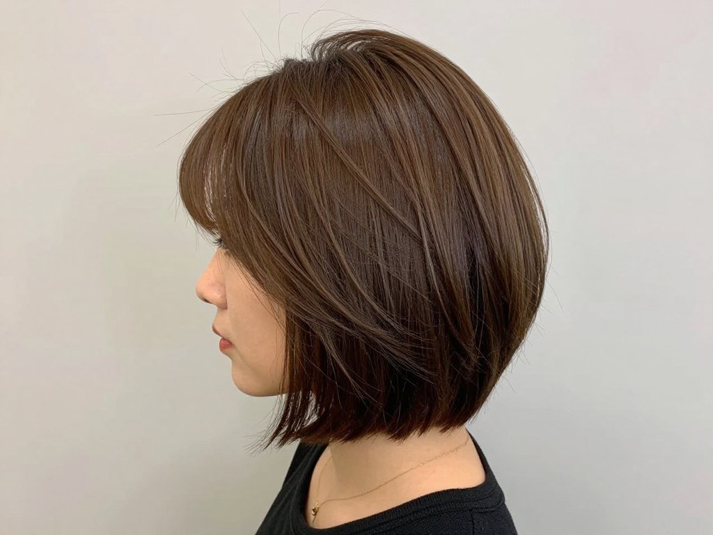 Sleek A-line brown bob with subtle highlights Sleek A-line brown bob with subtle highlights