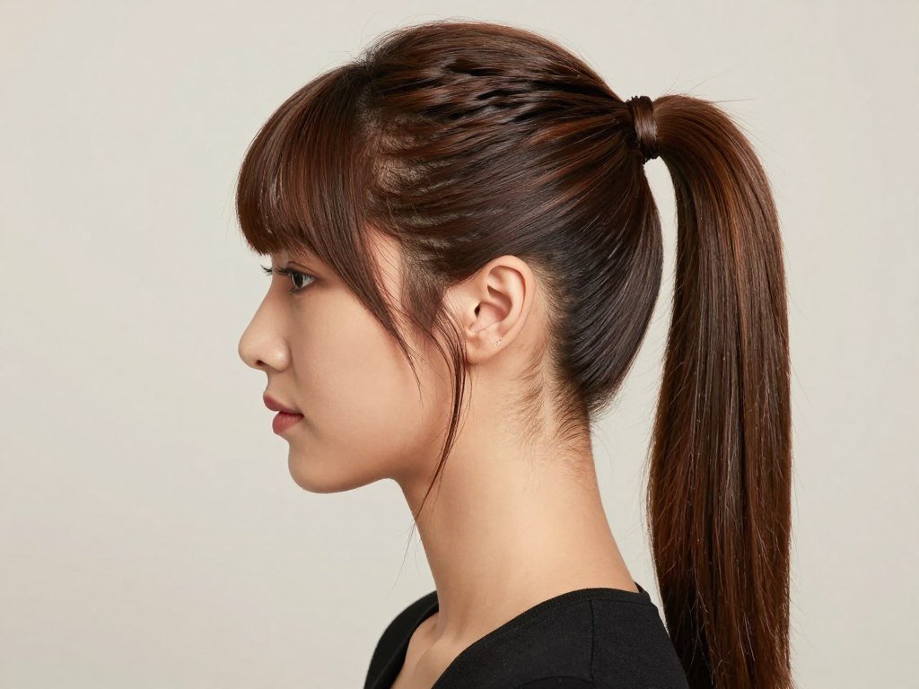 Sleek half ponytail half up half down prom hairstyle with straight ends