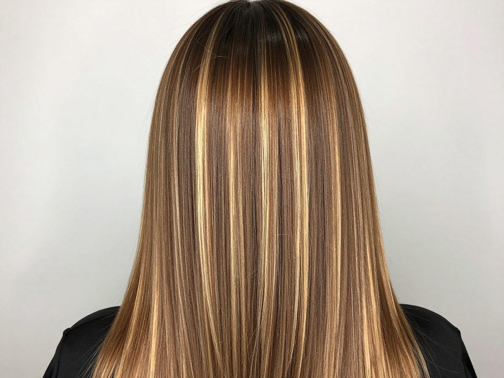 Sleek straight brown hair with face-framing blonde highlights Sleek straight brown hair with face-framing blonde highlights
