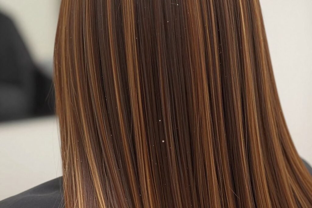 Sleek straight hair showing off caramel ribbon highlights Sleek straight hair showing off caramel ribbon highlights