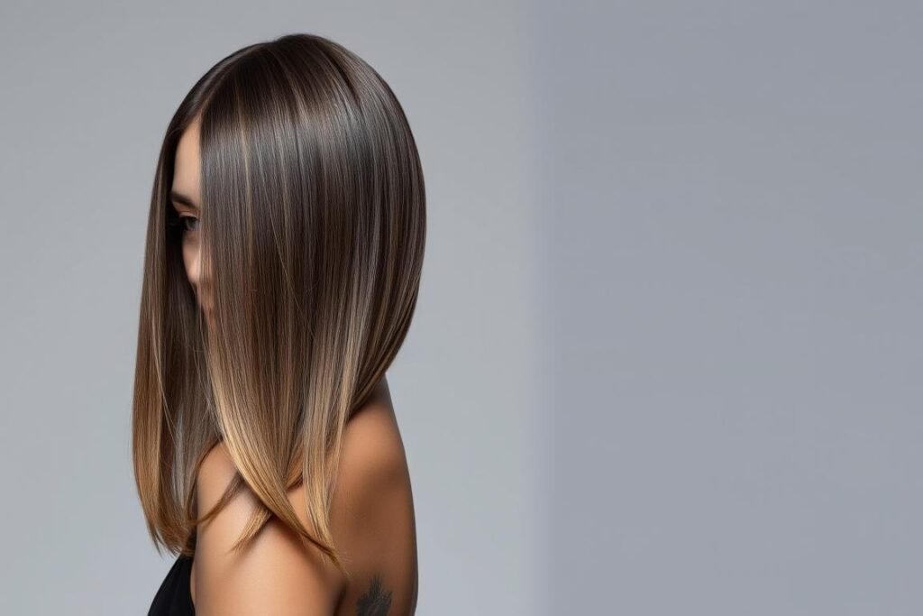 Sleek straight mushroom brown balayage hair showing the smooth color transition