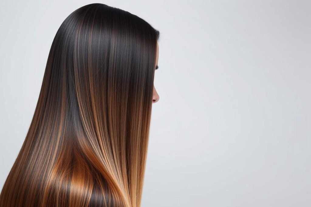 Sleek straight ombre hair showing clean color transition Sleek straight ombre hair showing clean color transition
