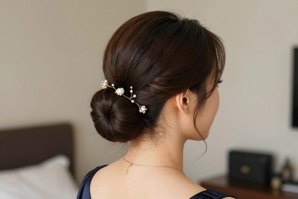 Slick back half up half down hair styled for a wedding Slick back half up half down hair styled for a wedding