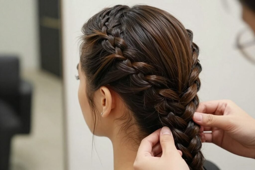 Slick back half up half down hair with braided elements Slick back half up half down hair with braided elements