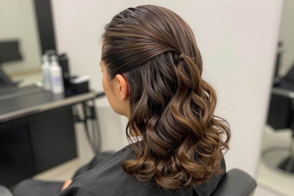 Slick back half up half down hair with textured waves in the loose section Slick back half up half down hair with textured waves in the loose section
