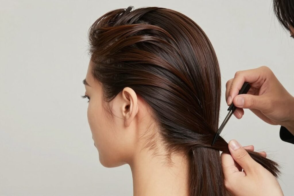 Slick back half up half down hair with volume at the crown Slick back half up half down hair with volume at the crown