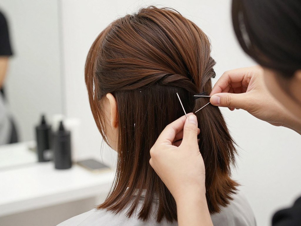 Slick back half up half down style on shorter hair Slick back half up half down style on shorter hair