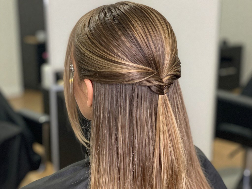 Slick back half up half down style on straight hair Slick back half up half down style on straight hair