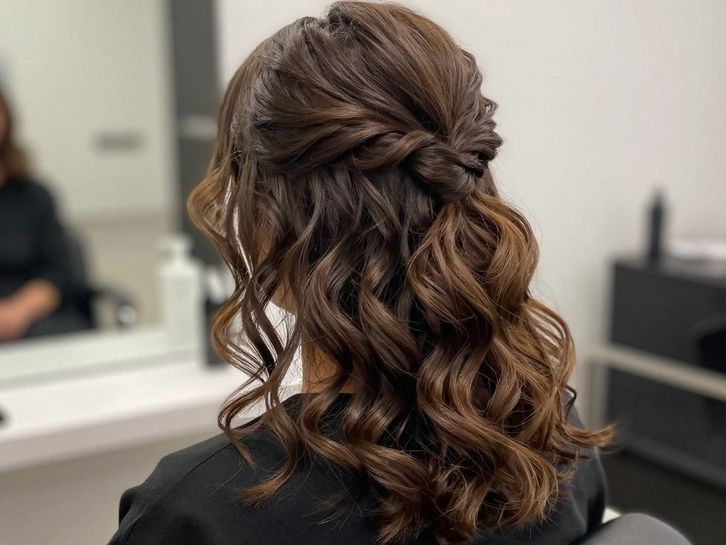 Slick back half up half down style on wavy hair Slick back half up half down style on wavy hair