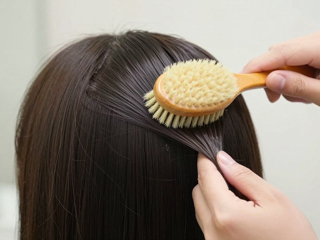 Slicking back the top section of hair with gel and brush Slicking back the top section of hair with gel and brush