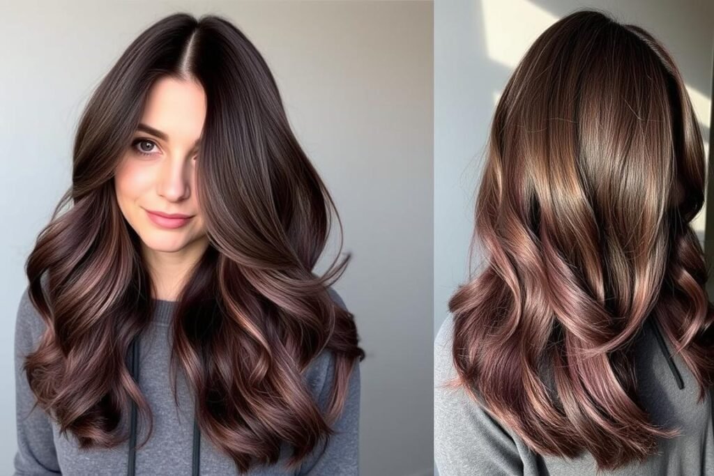 Smoky amethyst hair color on a brunette showing the subtle purple dimension