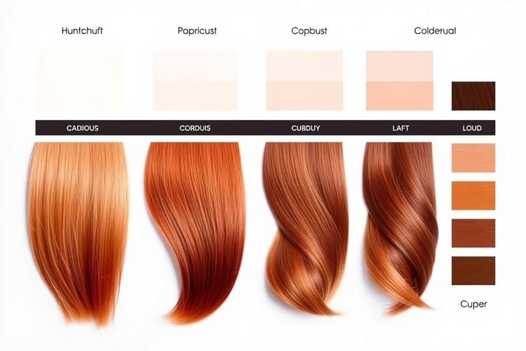 Spectrum of copper hair color shades from light to dark