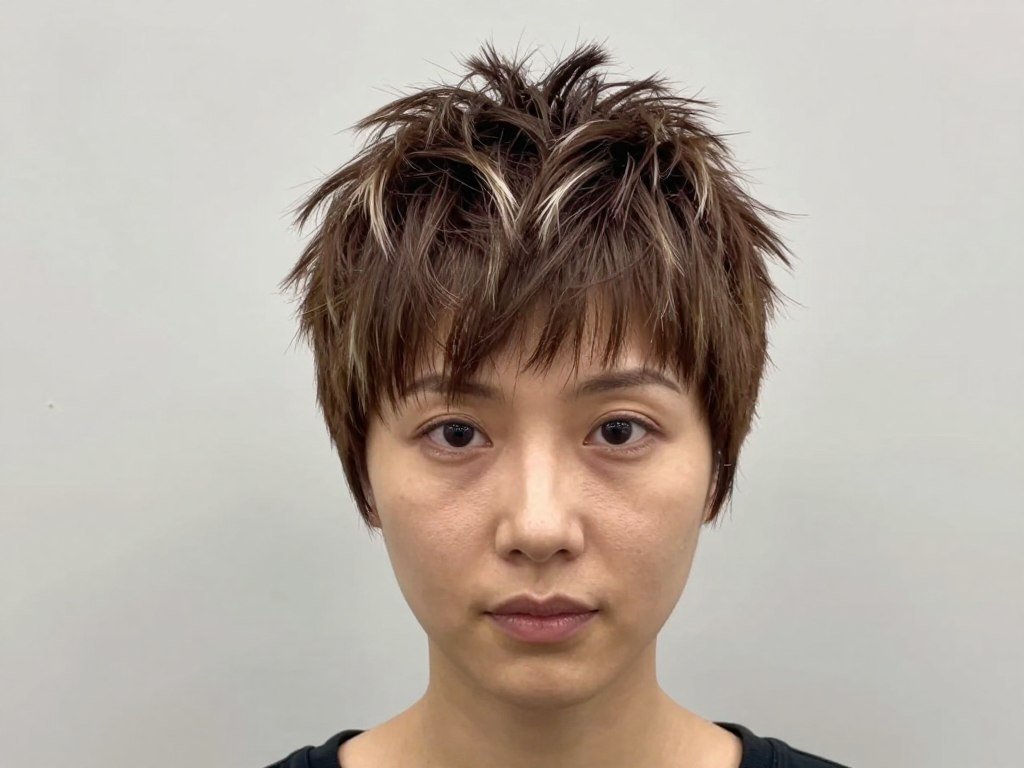 Spiky brown pixie cut with frosted highlighted tips Spiky brown pixie cut with frosted highlighted tips