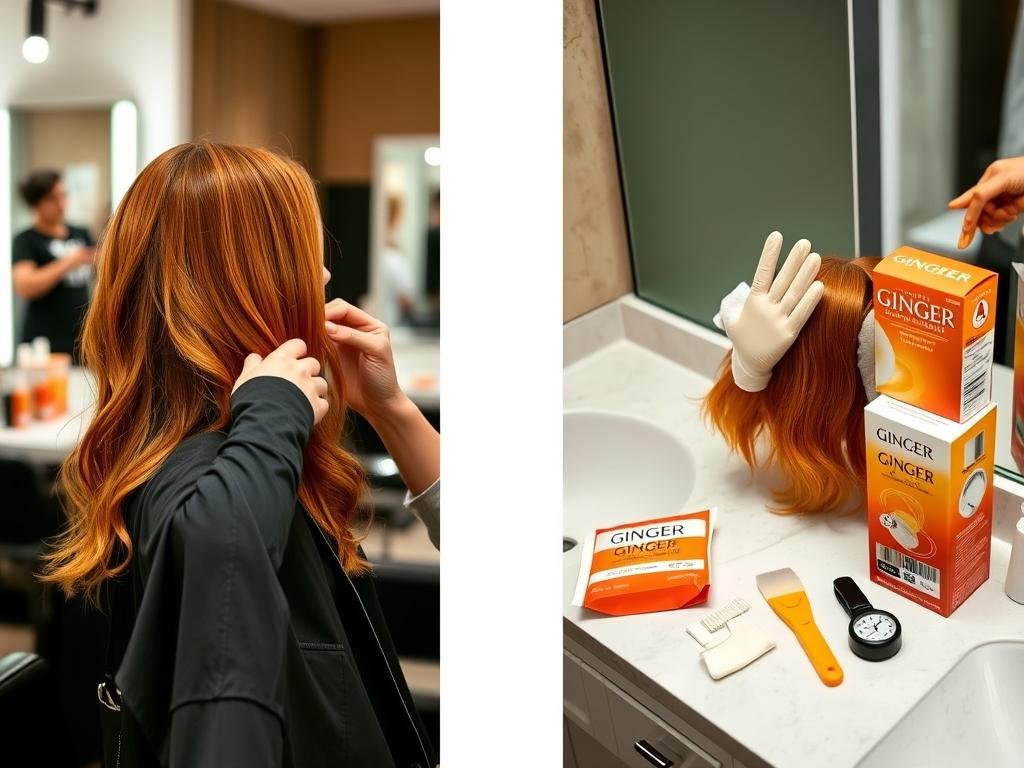 Split image showing professional salon ginger hair coloring process on one side and at-home dyeing kit with instructions on the other