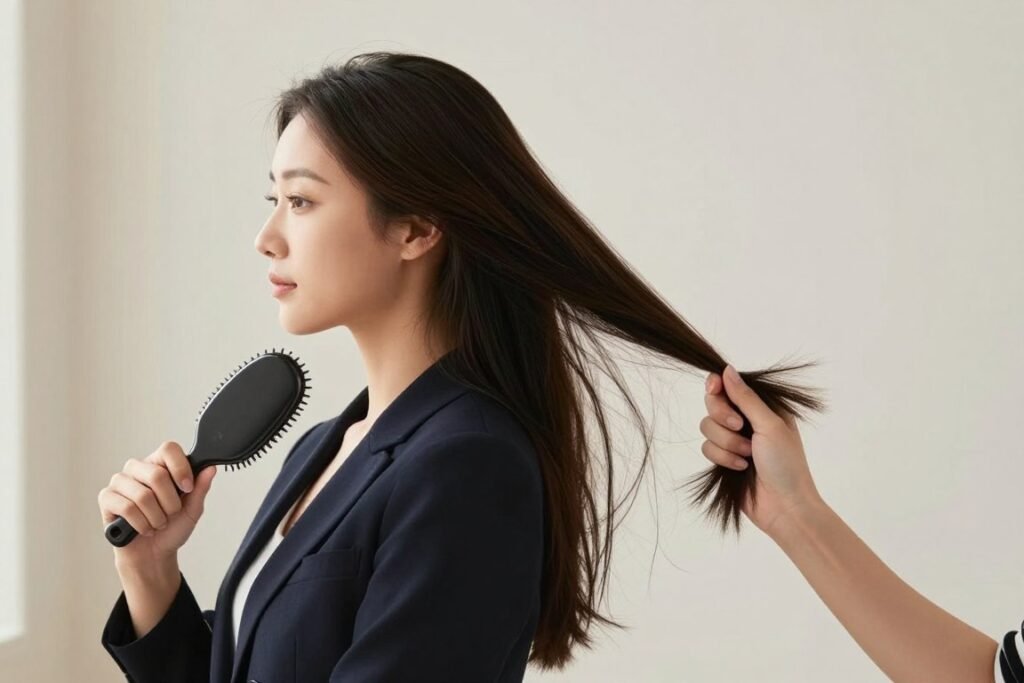 Step 1: Brushing and preparing hair for 2 ponytails half up half down style Step 1: Brushing and preparing hair for 2 ponytails half up half down style