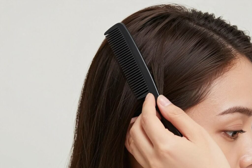 Step 2: Creating a side part for 2 ponytails half up half down hairstyle Step 2: Creating a side part for 2 ponytails half up half down hairstyle