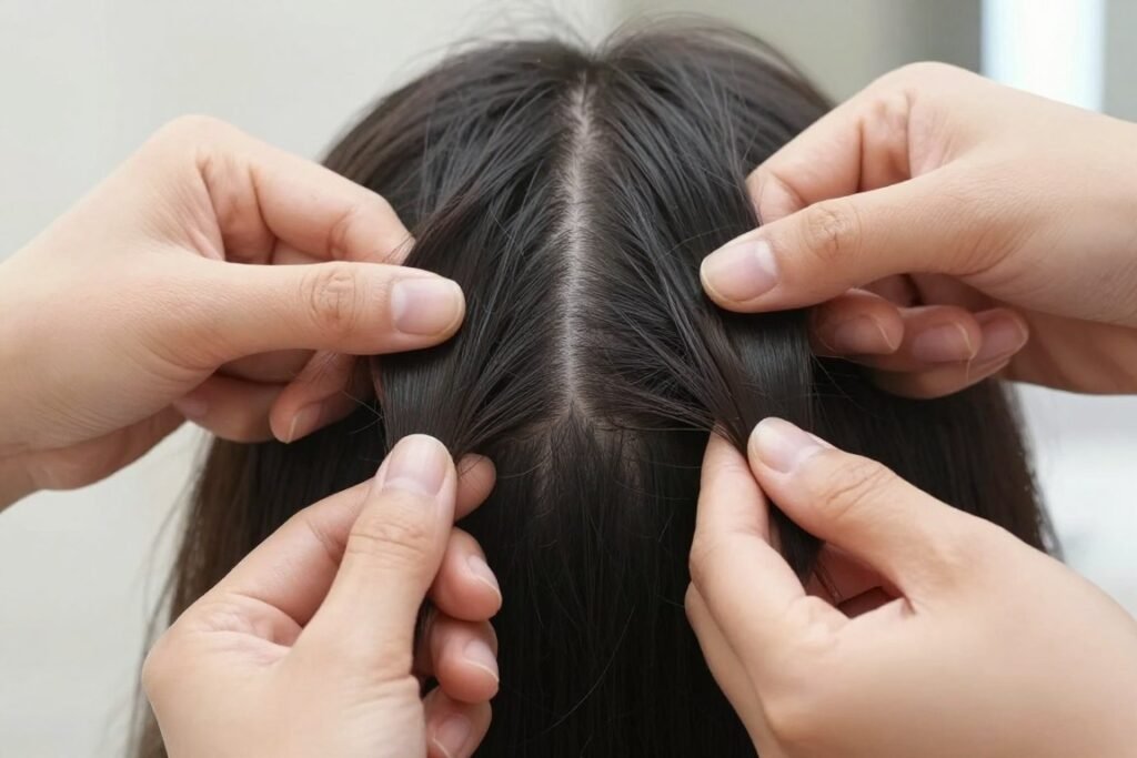 Step 4: Dividing top section for 2 ponytails Step 4: Dividing top section for 2 ponytails