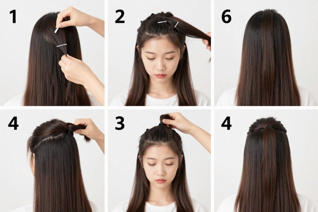 Step-by-step collage showing the process of creating basic half up half down pigtails Step-by-step collage showing the process of creating basic half up half down pigtails