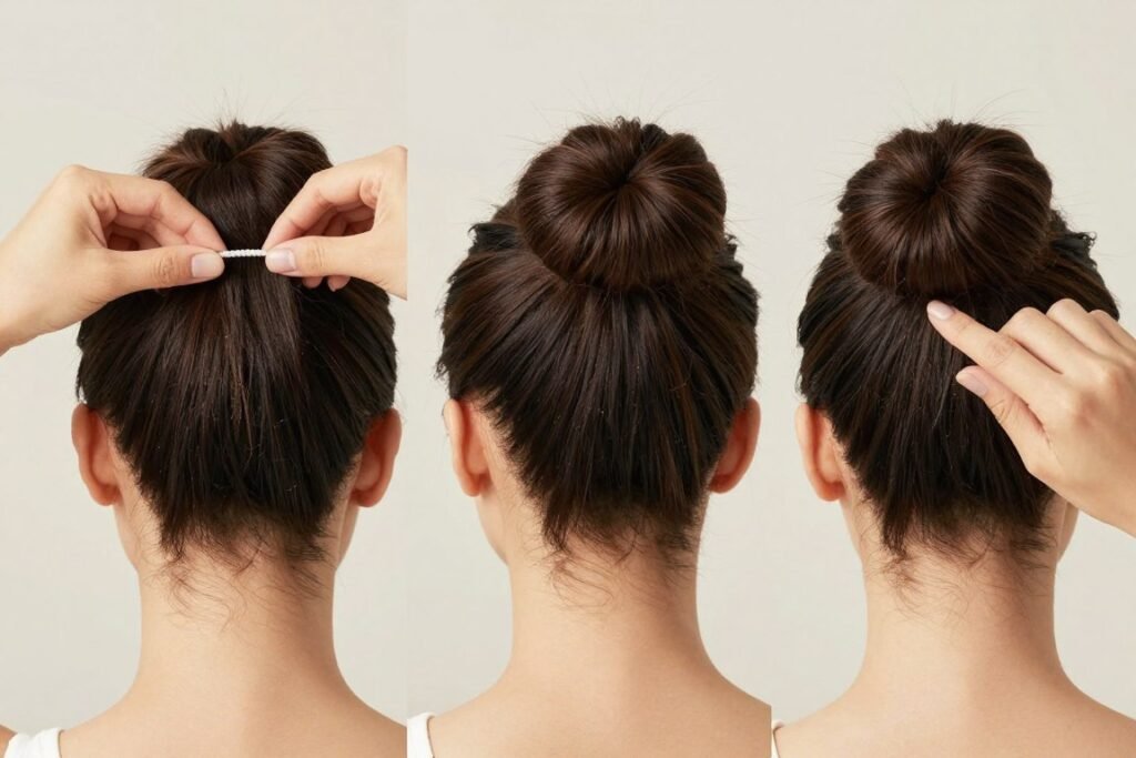 Step-by-step demonstration of creating a classic half up half down bun showing the sectioning, securing, and final styling Step-by-step demonstration of creating a classic half up half down bun showing the sectioning, securing, and final styling