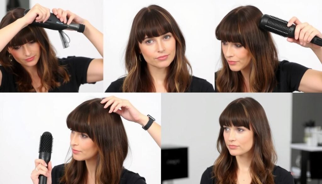 Step-by-step demonstration of styling medium length hair with bangs