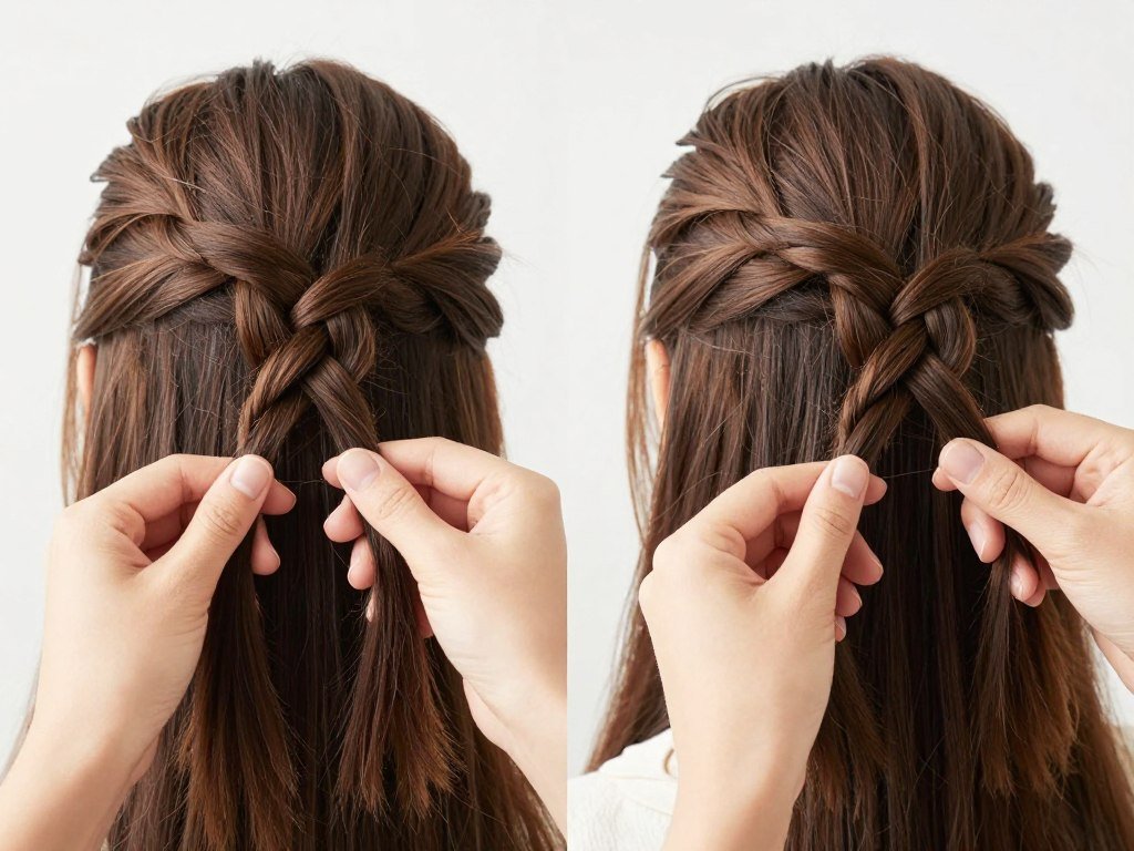 Step-by-step demonstration of twisted rope braid half up style