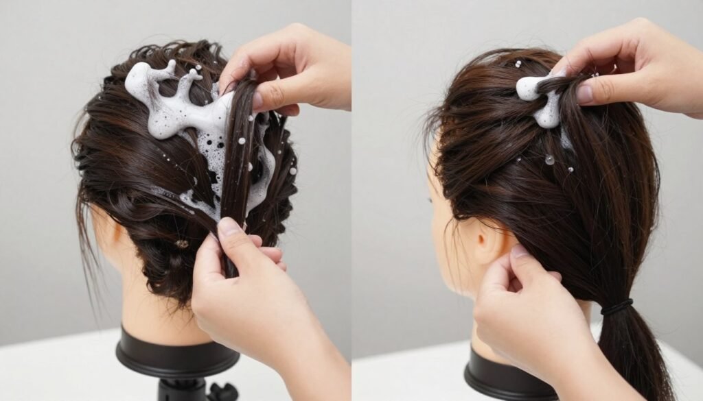 Step-by-step demonstration of washing and caring for a half up half down wig