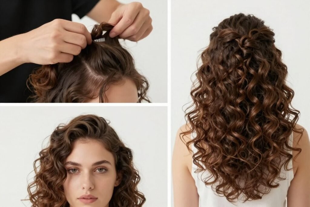 Step by step process of creating basic curly half up half down hairstyle Step by step process of creating basic curly half up half down hairstyle