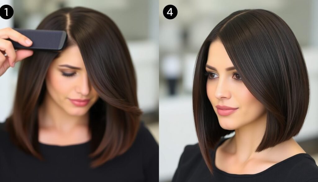 Step-by-step styling of sleek medium length haircut with side part Step-by-step styling of sleek medium length haircut with side part