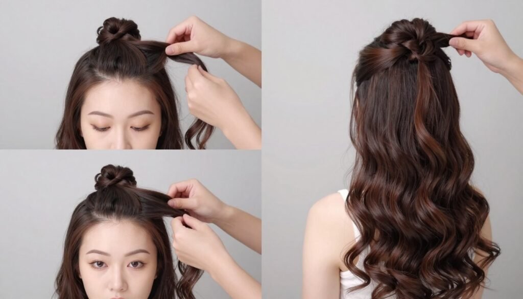 Step-by-step tutorial for twisted crown half up half down prom hairstyle