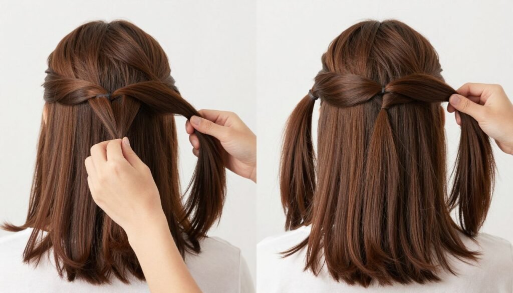 Step by step tutorial of creating two ponytails half up half down hairstyle Step by step tutorial of creating two ponytails half up half down hairstyle