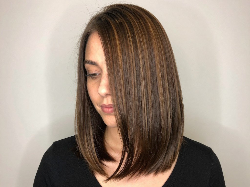 Straight brown lob with dimensional highlights throughout Straight brown lob with dimensional highlights throughout