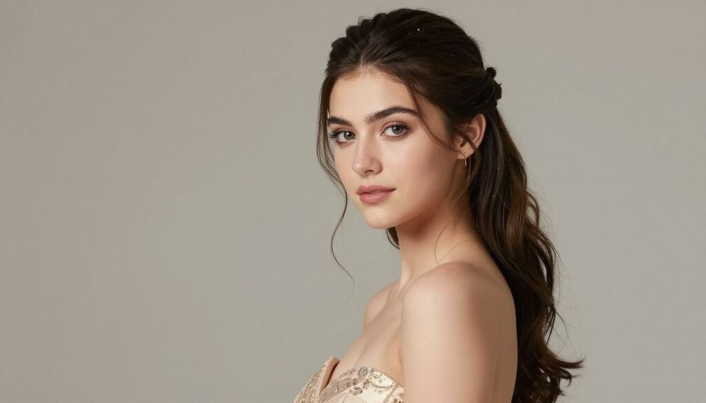 Stunning finished half up half down prom hairstyle on a young woman in a prom dress