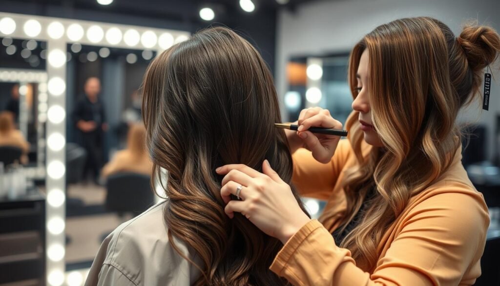 Stylist applying balayage technique to dark brunette hair Stylist applying balayage technique to dark brunette hair